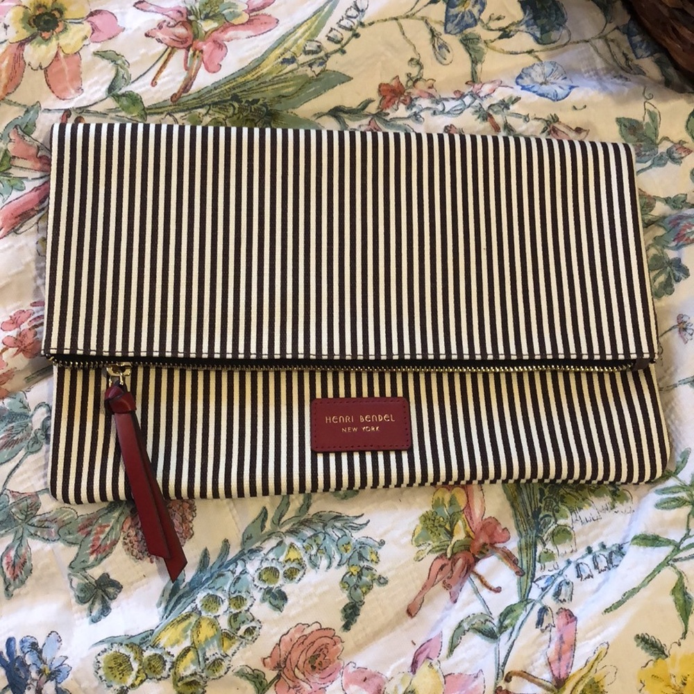 Henri Bendel Fold Over Stripe Canvas Clutch Bag - Picture 3 of 8